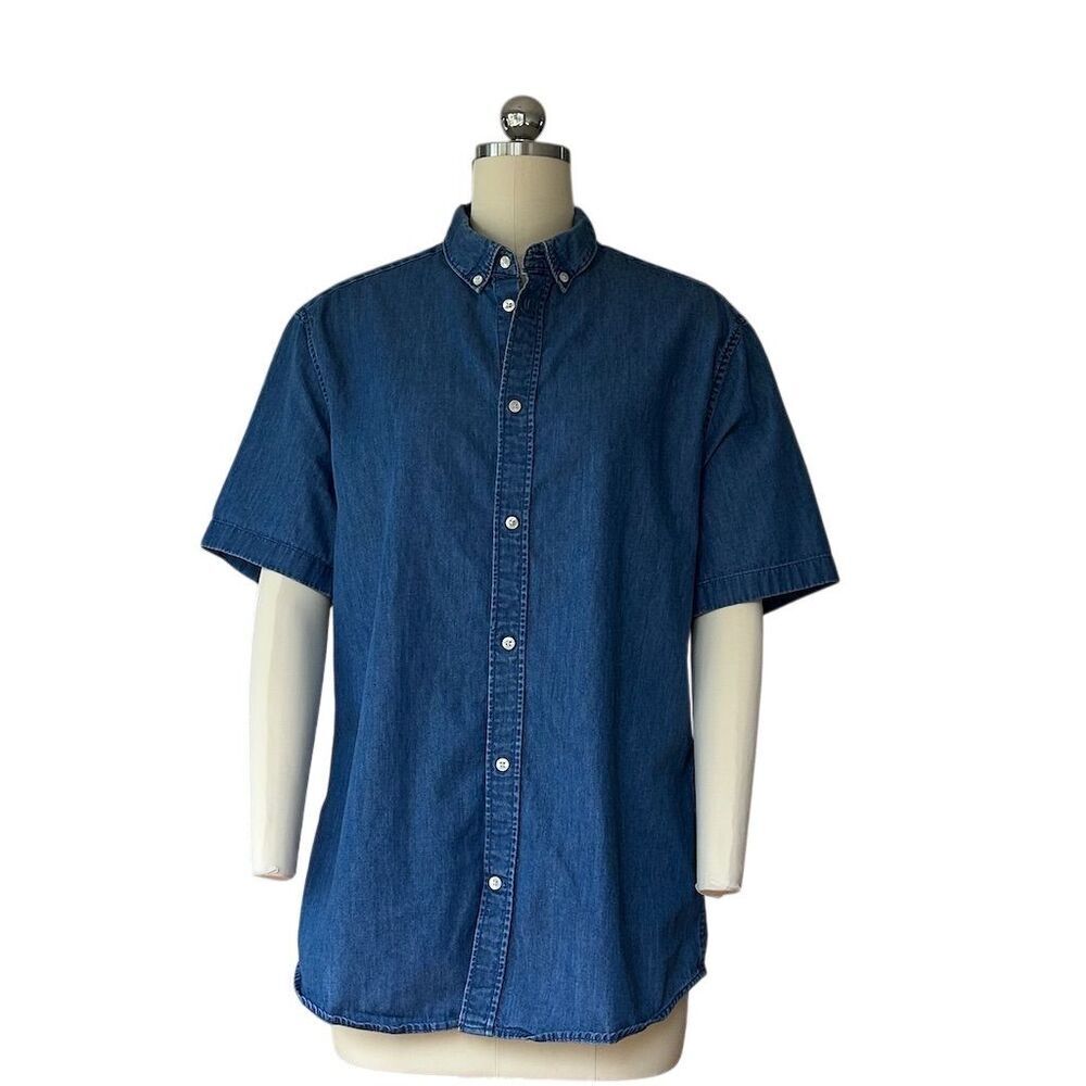 H&M Men's Blue Denim Short Sleeve Button-Down Shirt Size M Casual - Picture 7 of 8